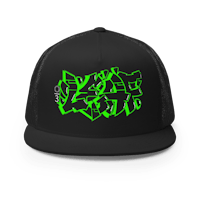 a black trucker hat with green graffiti on it