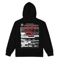 a black hoodie with a red pig on it