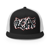 a black and white trucker hat with graffiti on it