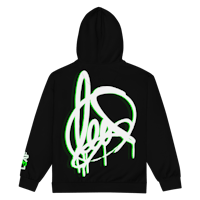 a black hoodie with a green logo on it